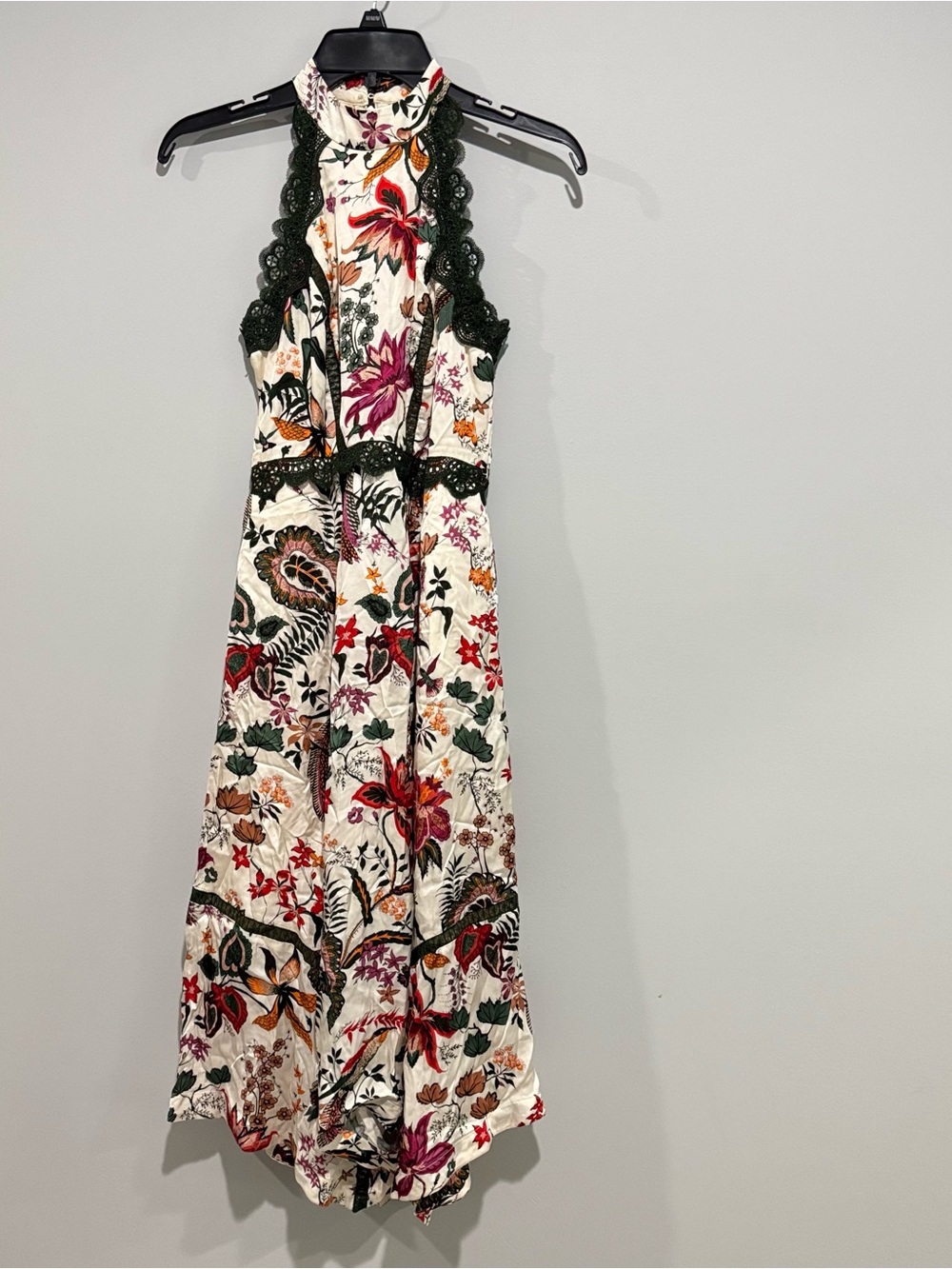 NWT Anthropologie Floral Halter Maxi Dress with Black Lace Trim 0P